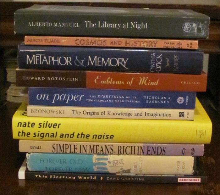 Stack of books showing the titles on the spines