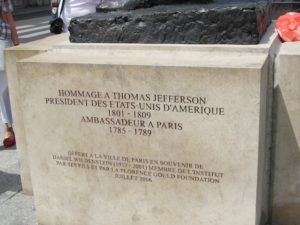 The base of the statue, which gives the dates of Jefferson's presidency and his tenure as ambassador to Paris